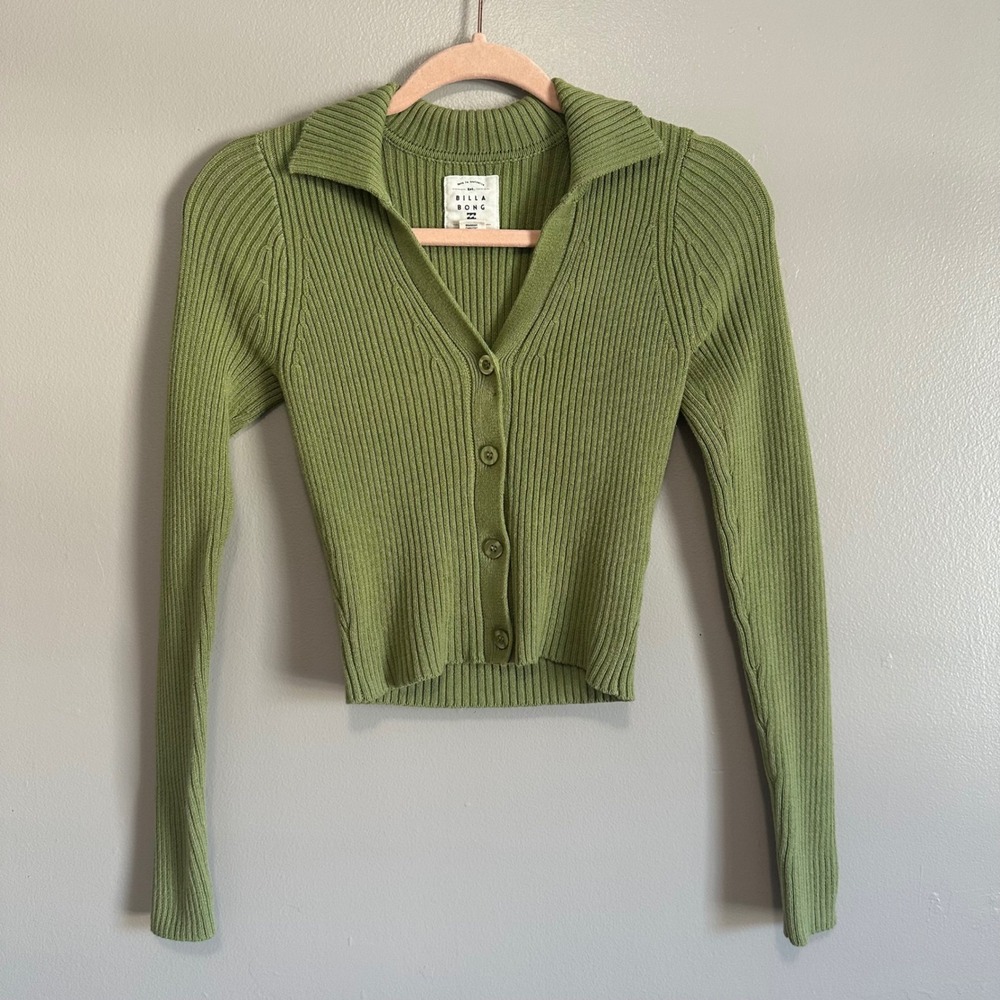 Billabong Green Ribbed Collared Button Up Long Sleeve Cropped Cardigan Top S